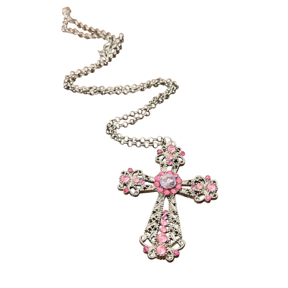Large Cross Necklace Large Filigree Pink Rhinestone Silver Tone Y2K Size OS